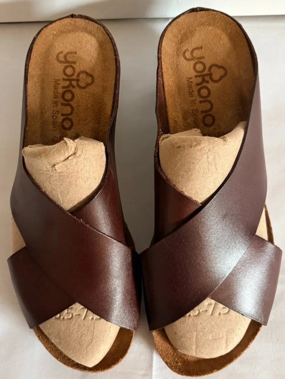 Yokono Spain Brown Leather Cross Over Strap Slide Boho Cork Wedge Sandle Sz 8